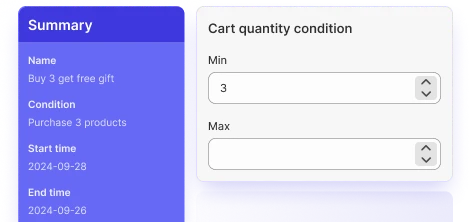 Set the minimum and maximum cart quantity requirements for gifts