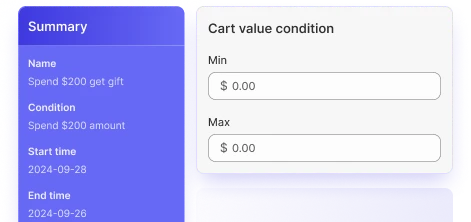 minimum and maximum cart value requirements for gifts
