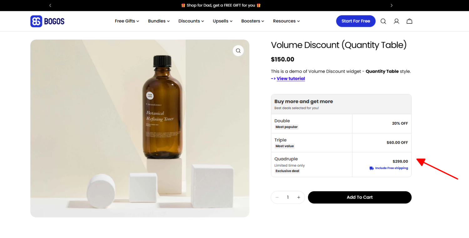 Volume discount with quantity table widget on product page