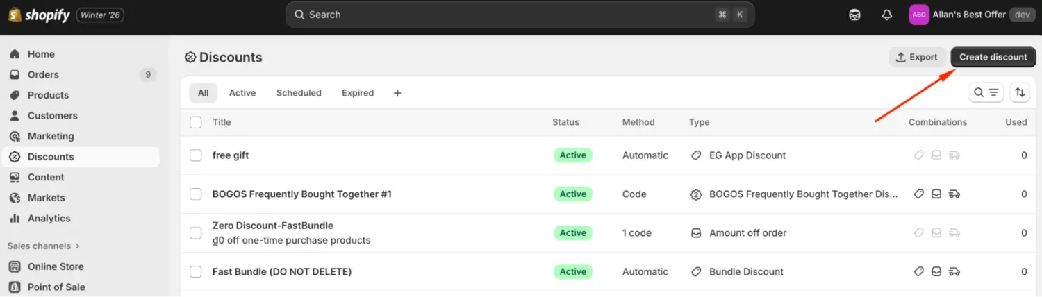 Shopify Discounts Dashboard With Create Discount Button