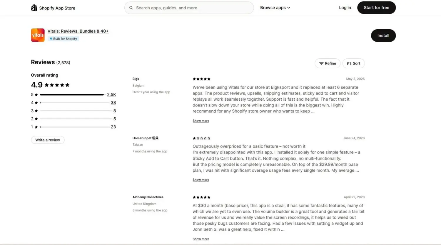 Vitals Shopify App Store Reviews