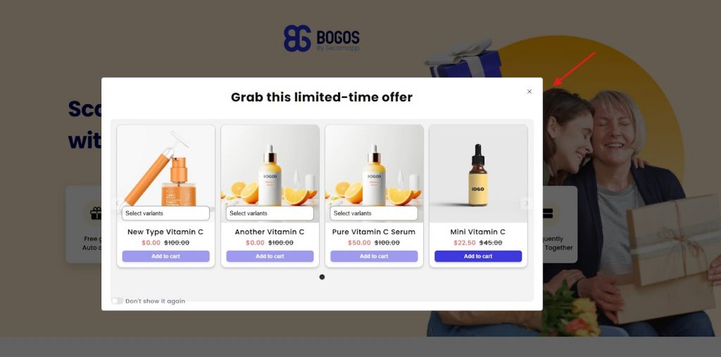Upsell product add-ons using a pop-up