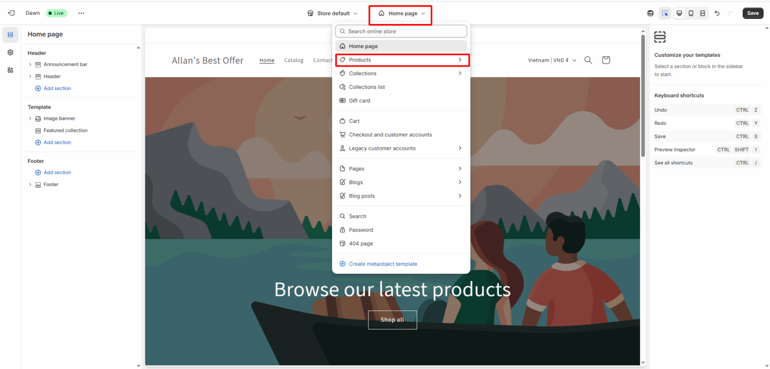 Access "Product Page" theme editor