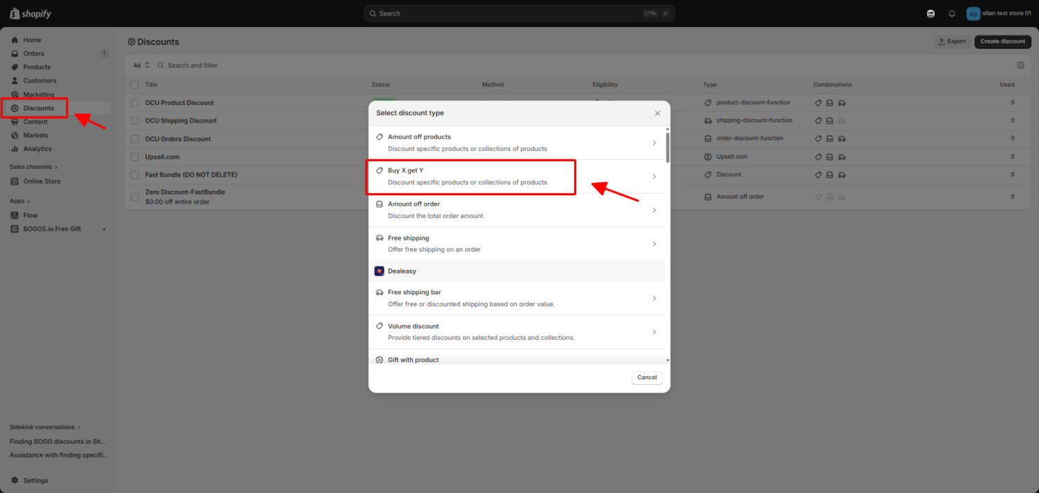 In the Shopify discount dashboard, choose the “Buy X Get Y” offer type.