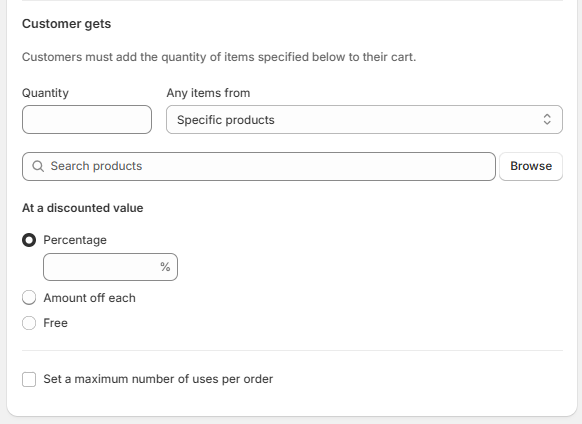 Under "customer gets" section, choose gift products and set discounted value to 100%