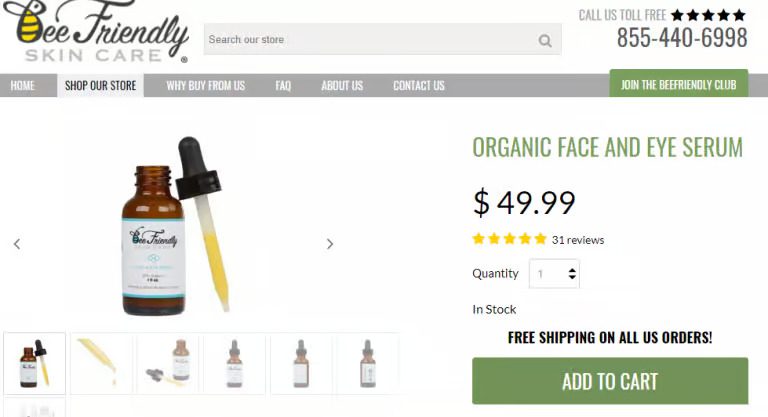 BeeFriendly Organic face and eye serum product page 