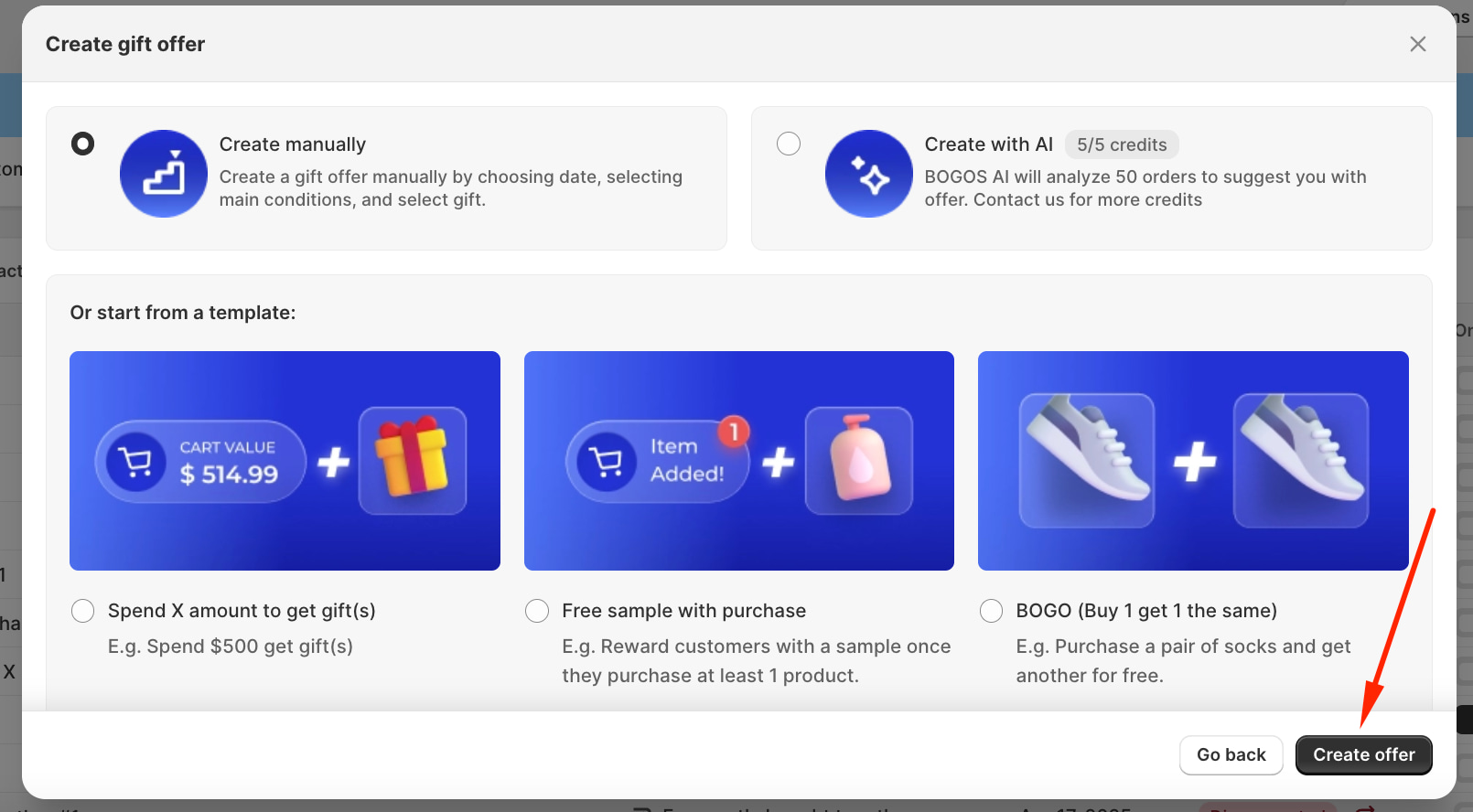 Inside BOGOS’s admin dashboard, choose Create Offer.
