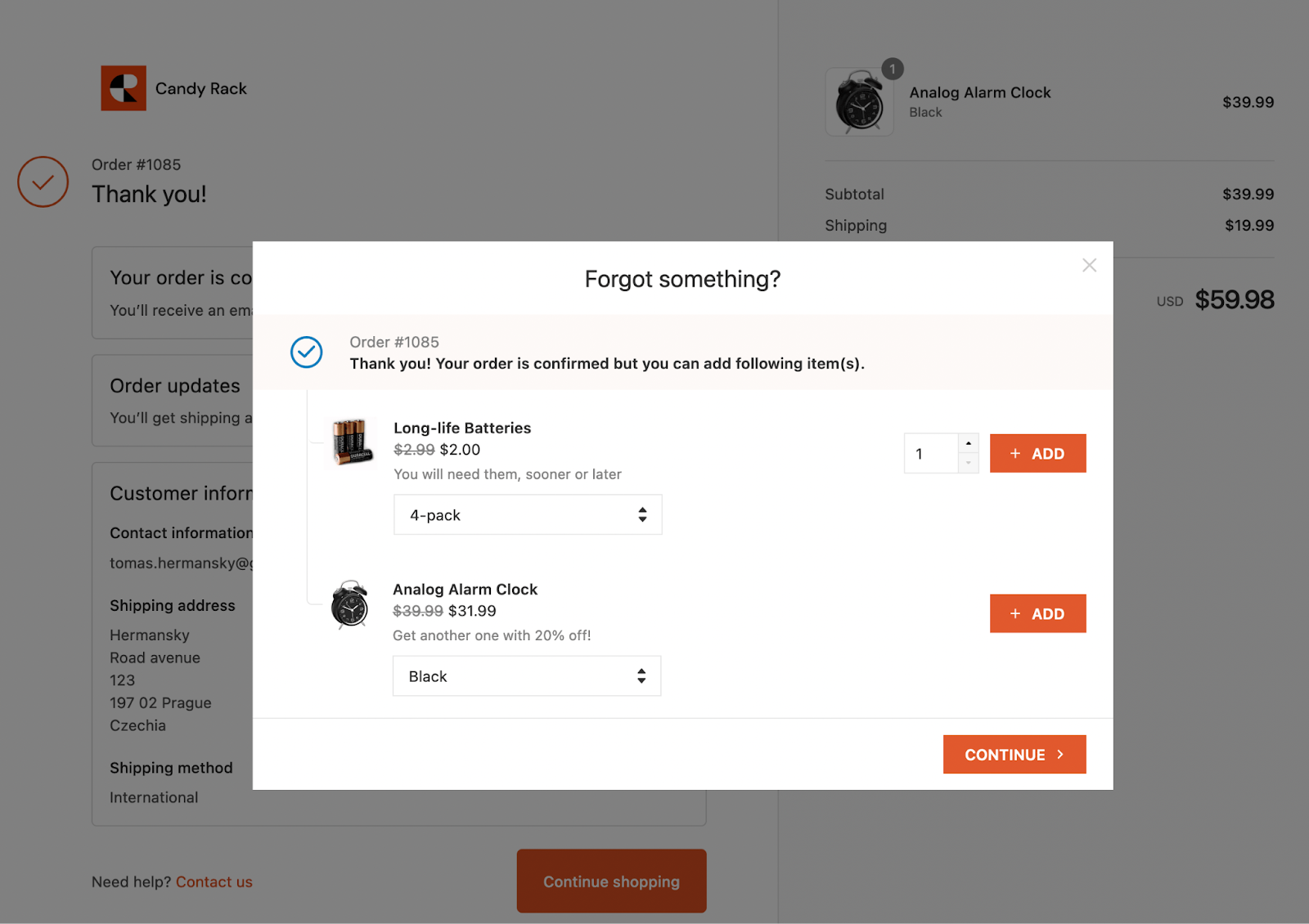 An example of a post-purchase upsell offer on Shopify's thank you page.
