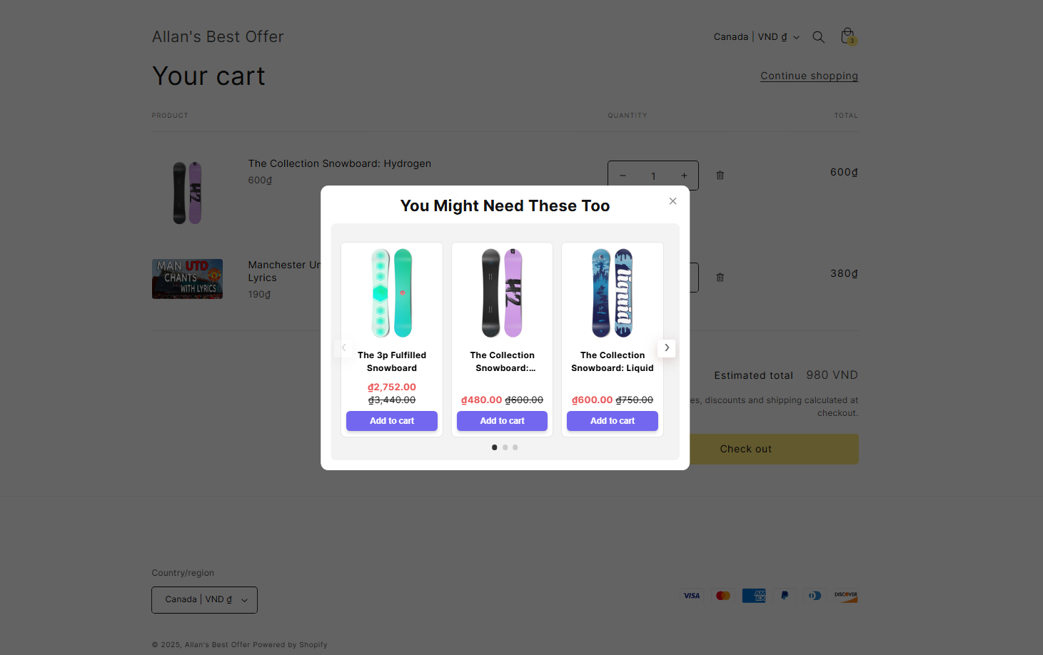 Shopify cart page upselling example