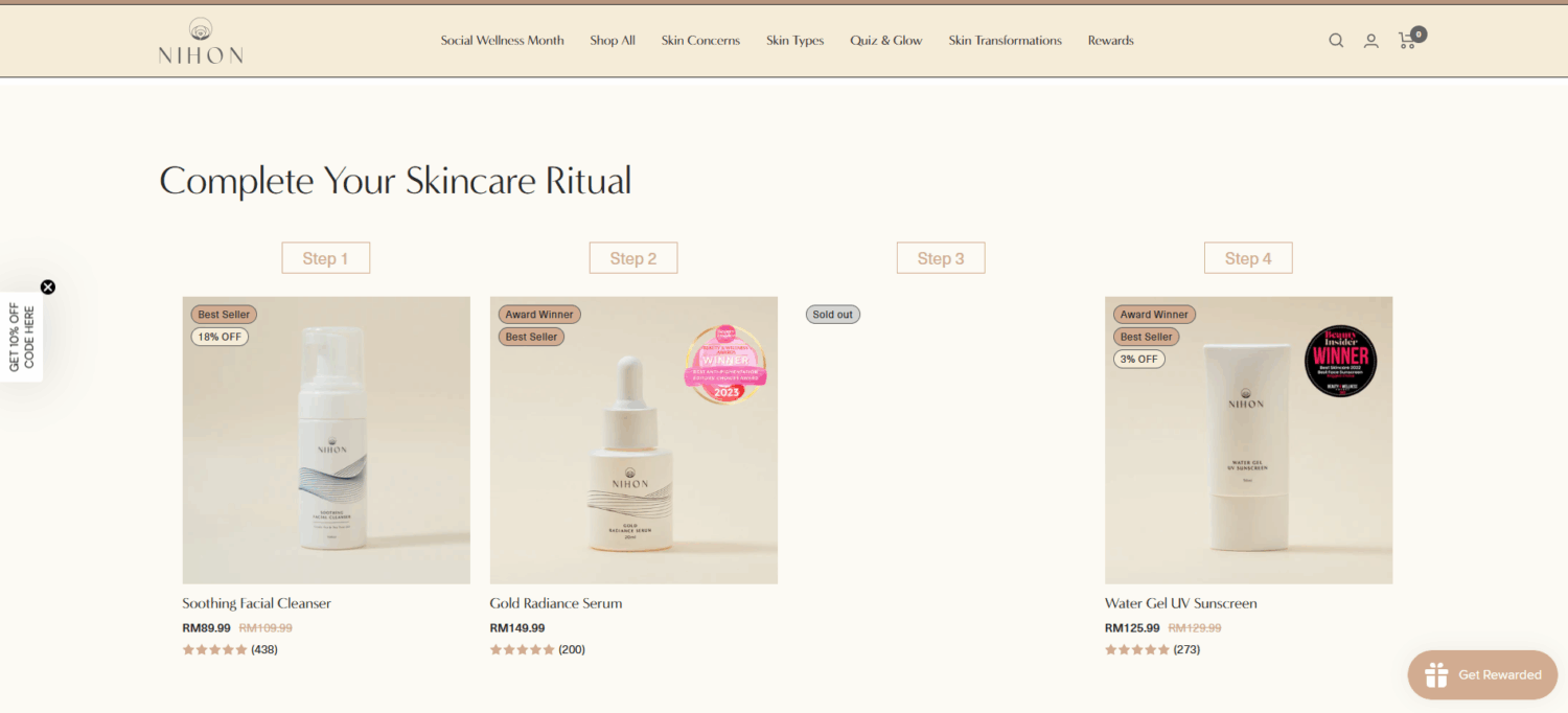 Nihon suggests complementary items that complete a skincare routine.