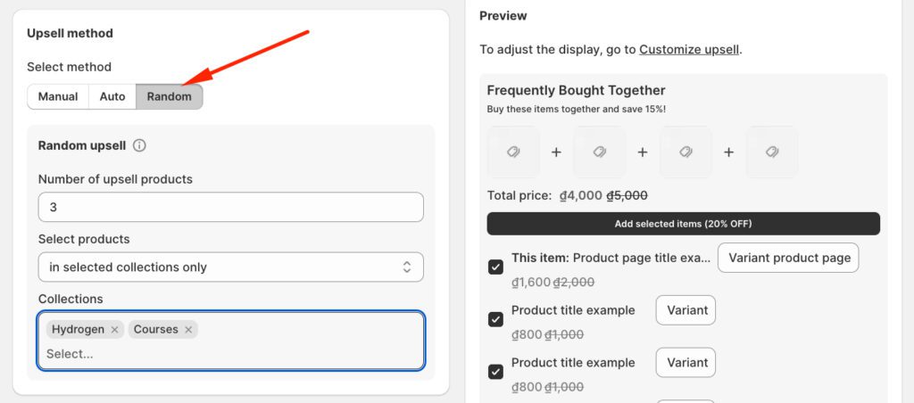 Randomly upsell products based on categories and descriptions.
