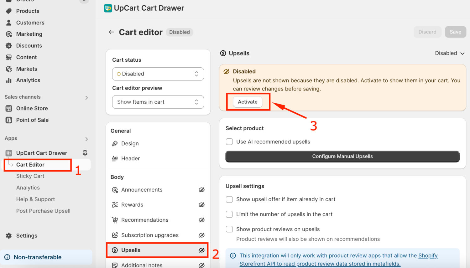 Activate Upcart Shopify app