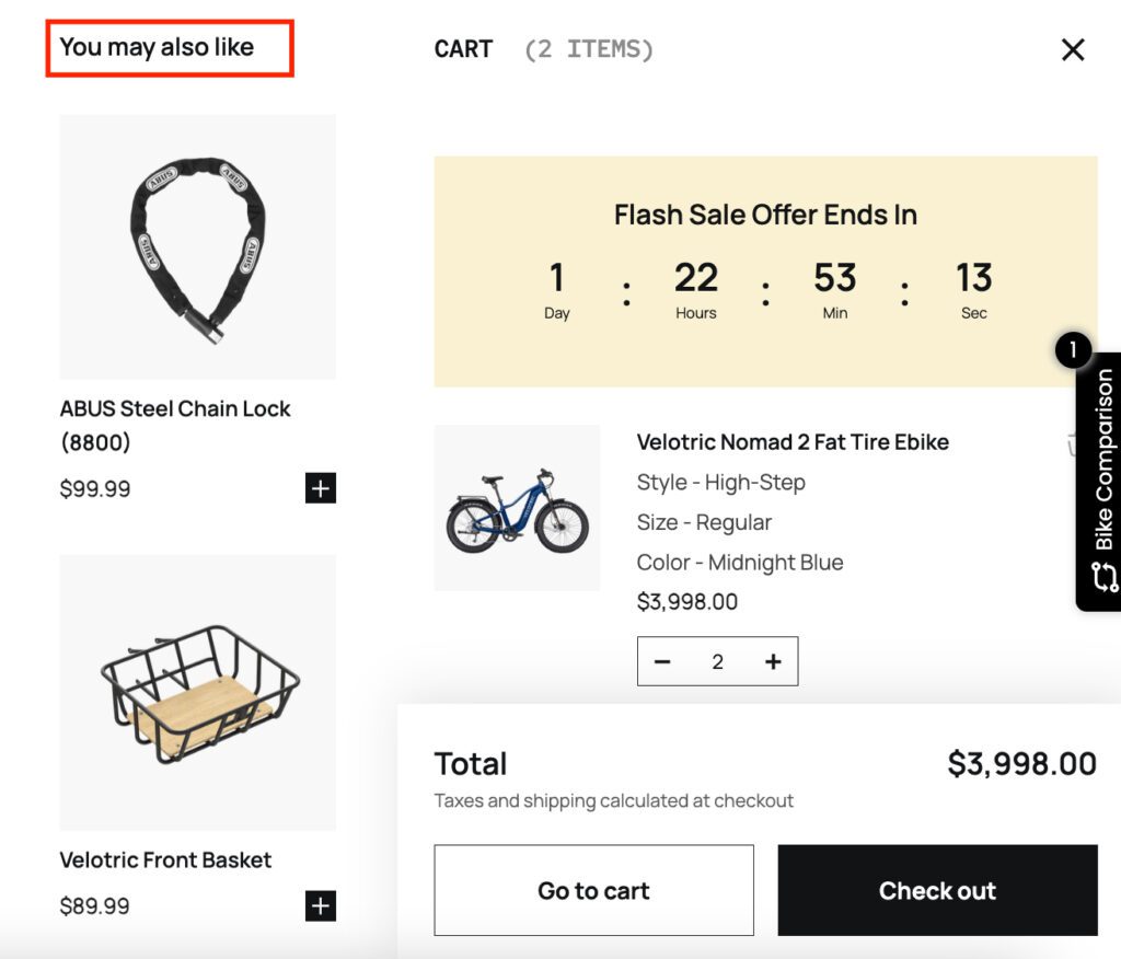 Velotric FBT section on cart slider
