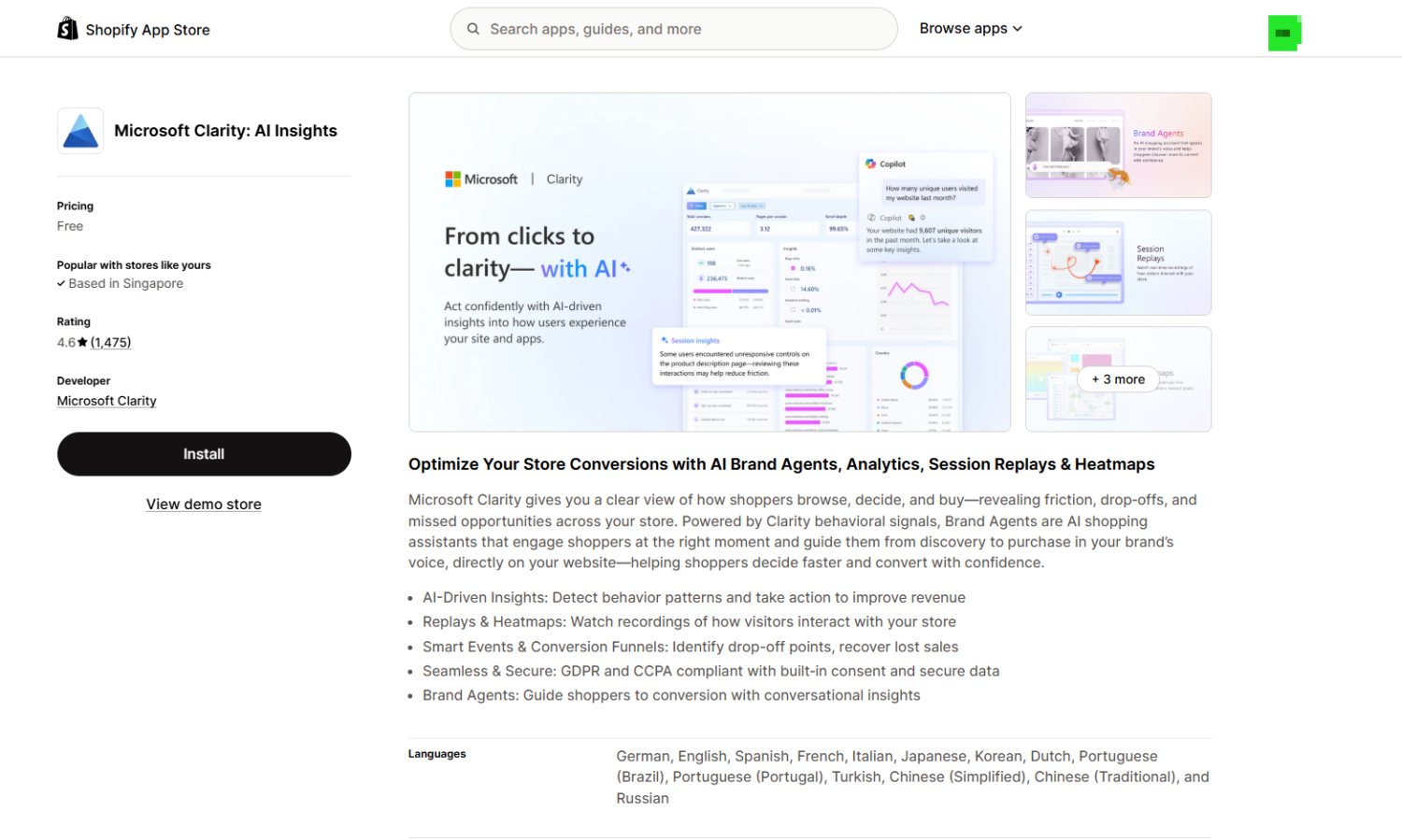 Microsoft Clarity Shopify app store 
