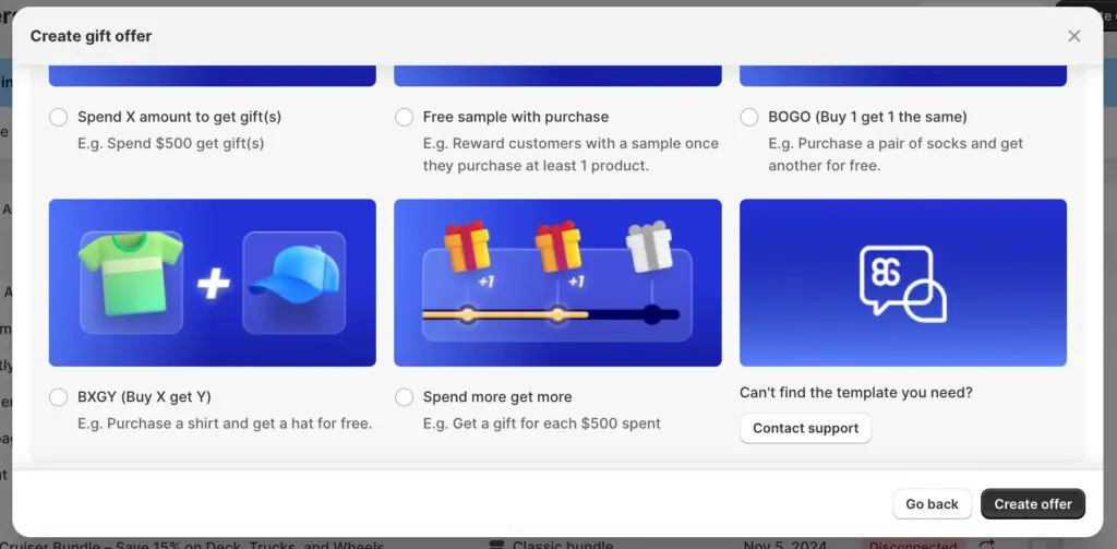 Choose which type of offer you want to set