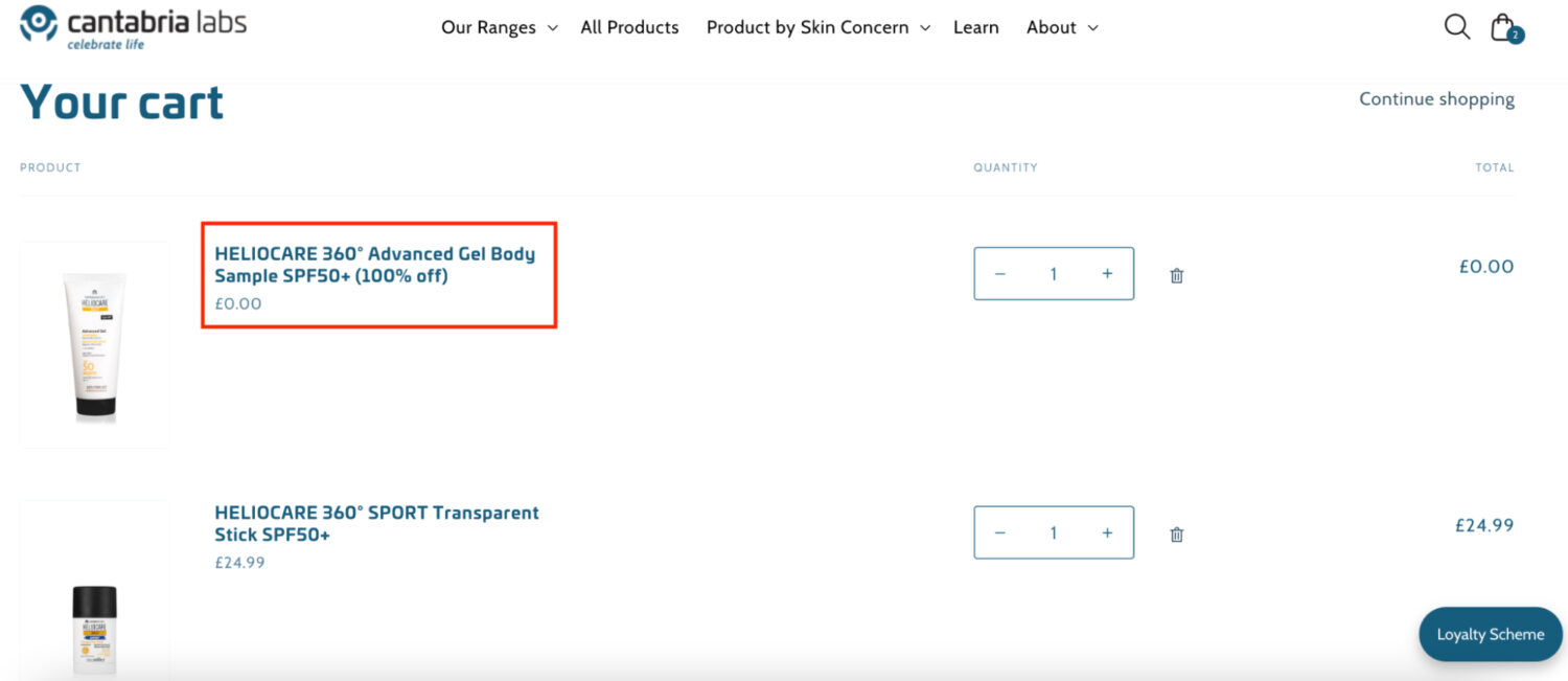 Heliocare Free Gift Auto Added Example