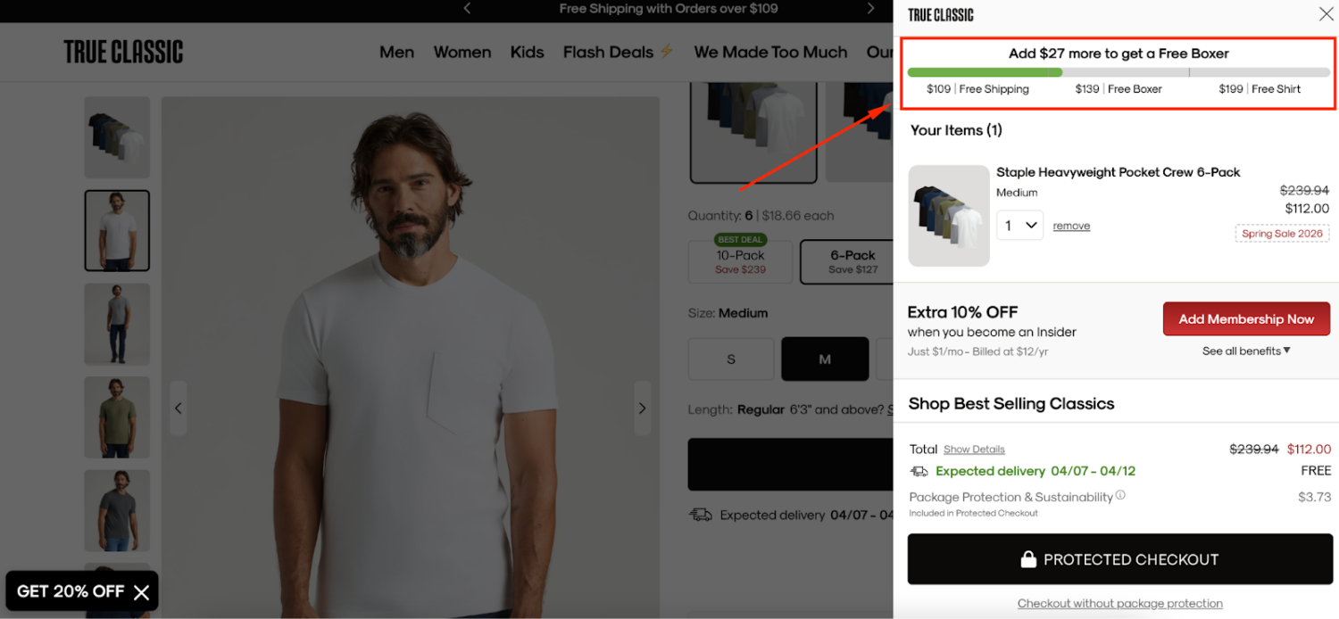 True Classic's tiered cart free gift