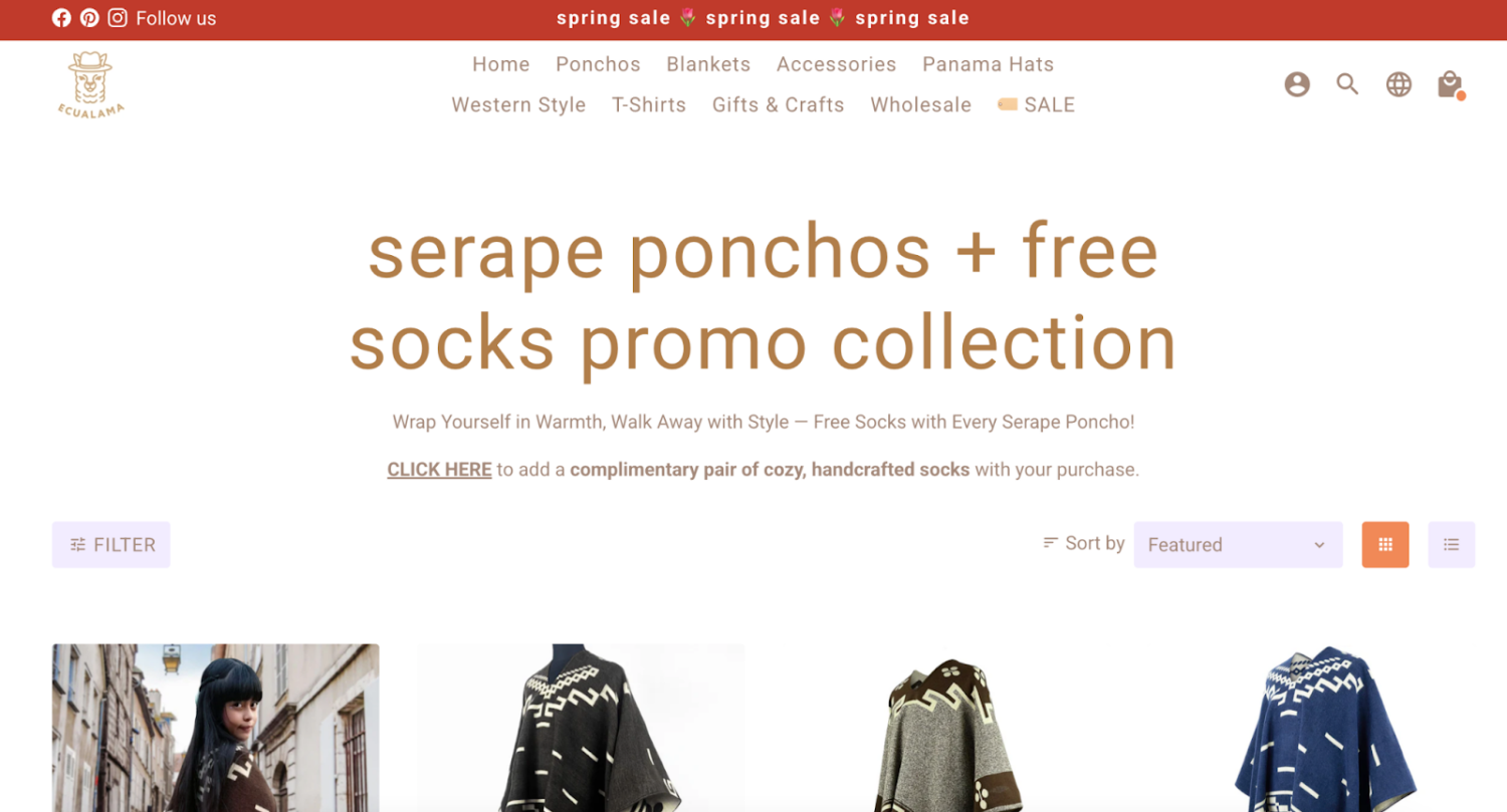 Ecuadama offers free socks with any purchase from its serape poncho collection.