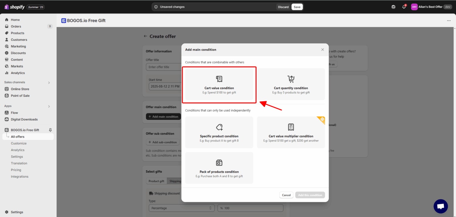 Choose Cart Value Condition
