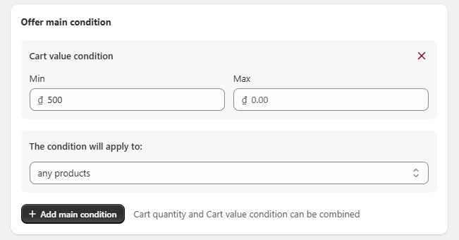 Set up the gift offer main condition