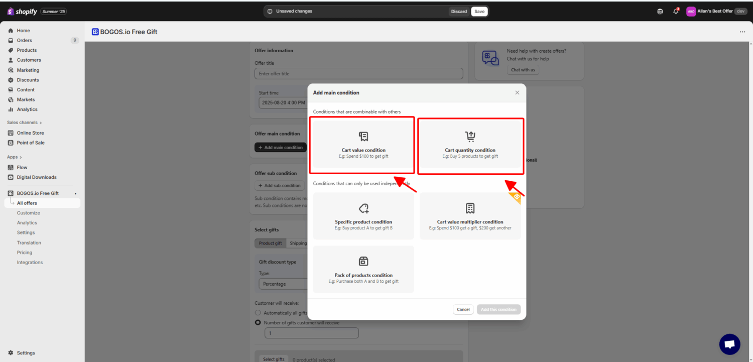 Combined gift-with-purchase conditions in the BOGOS App