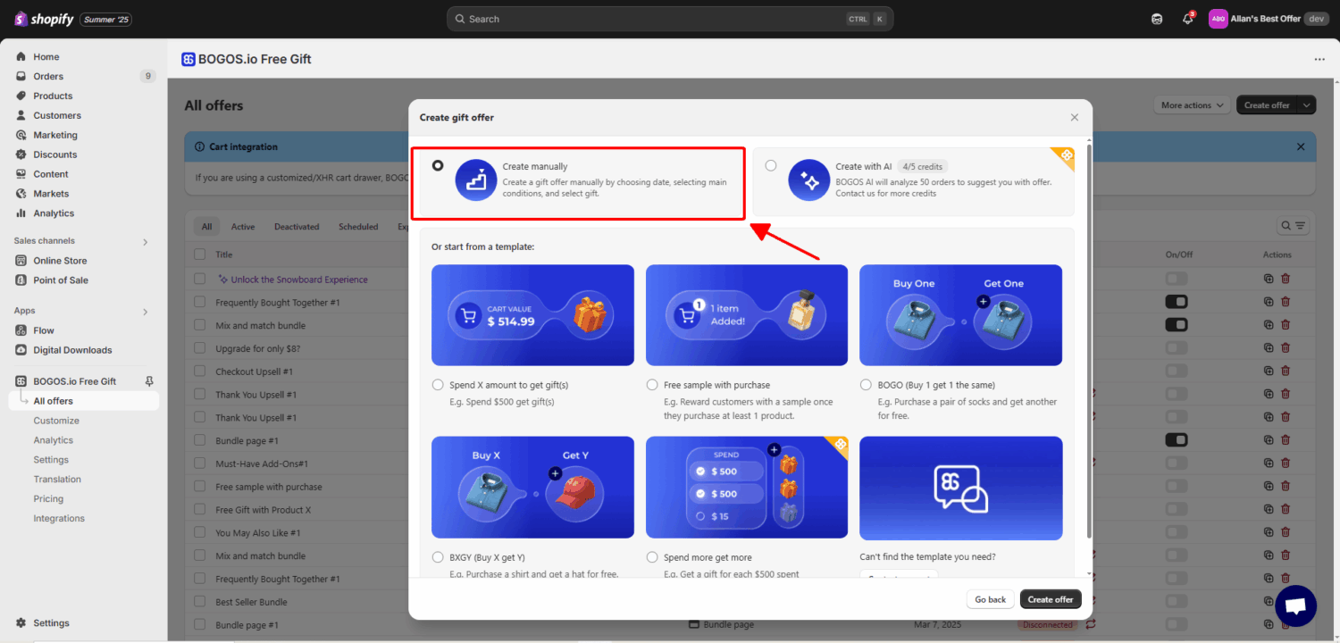 Manually create free gift offer with BOGOS
