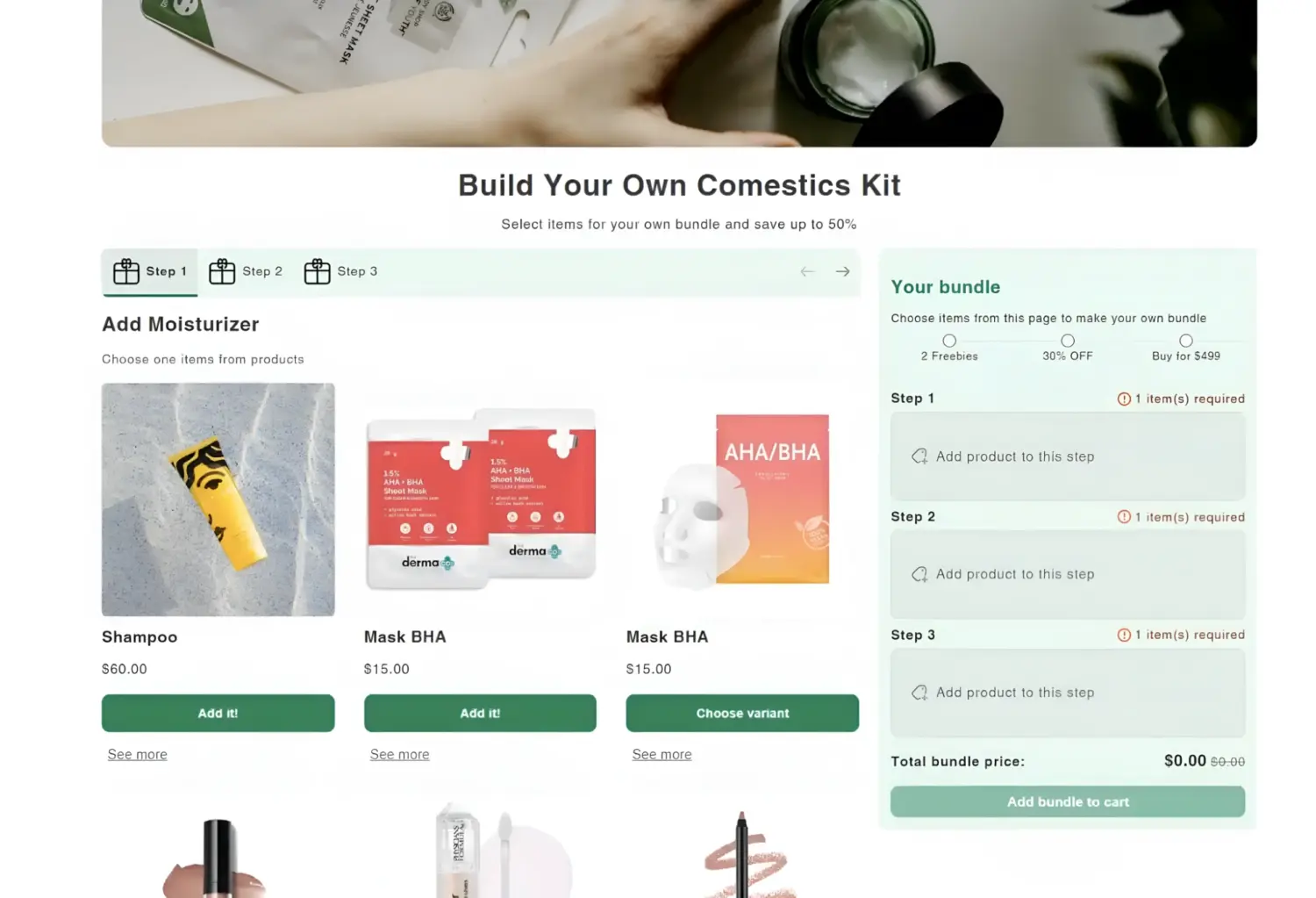 Build Your Own Cosmetics Kit Multi Step Page