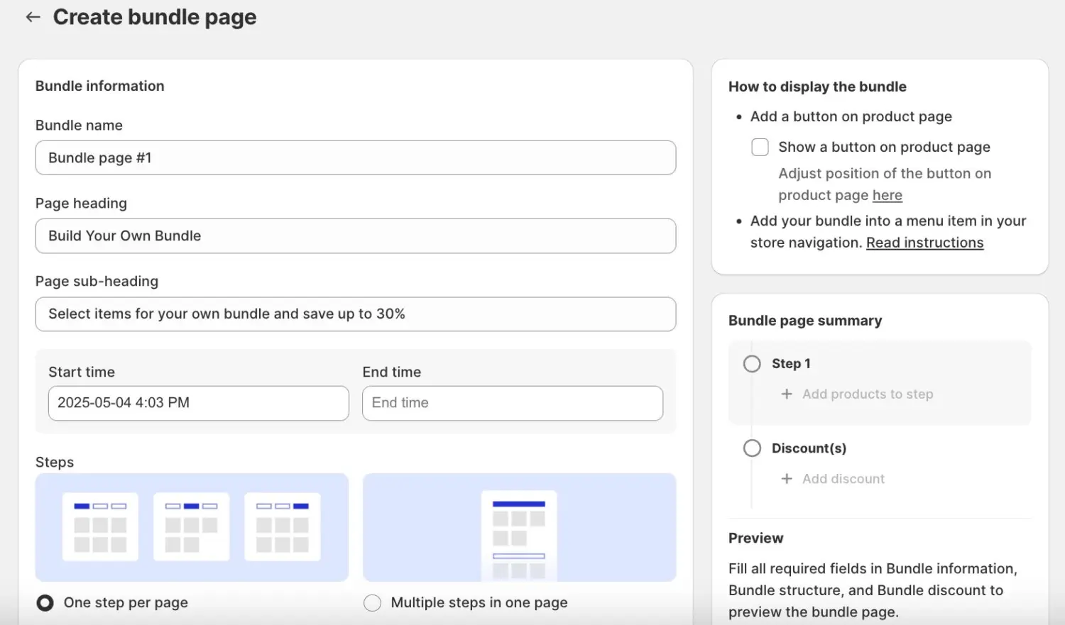 Create Bundle Page Form With Headings And Schedule
