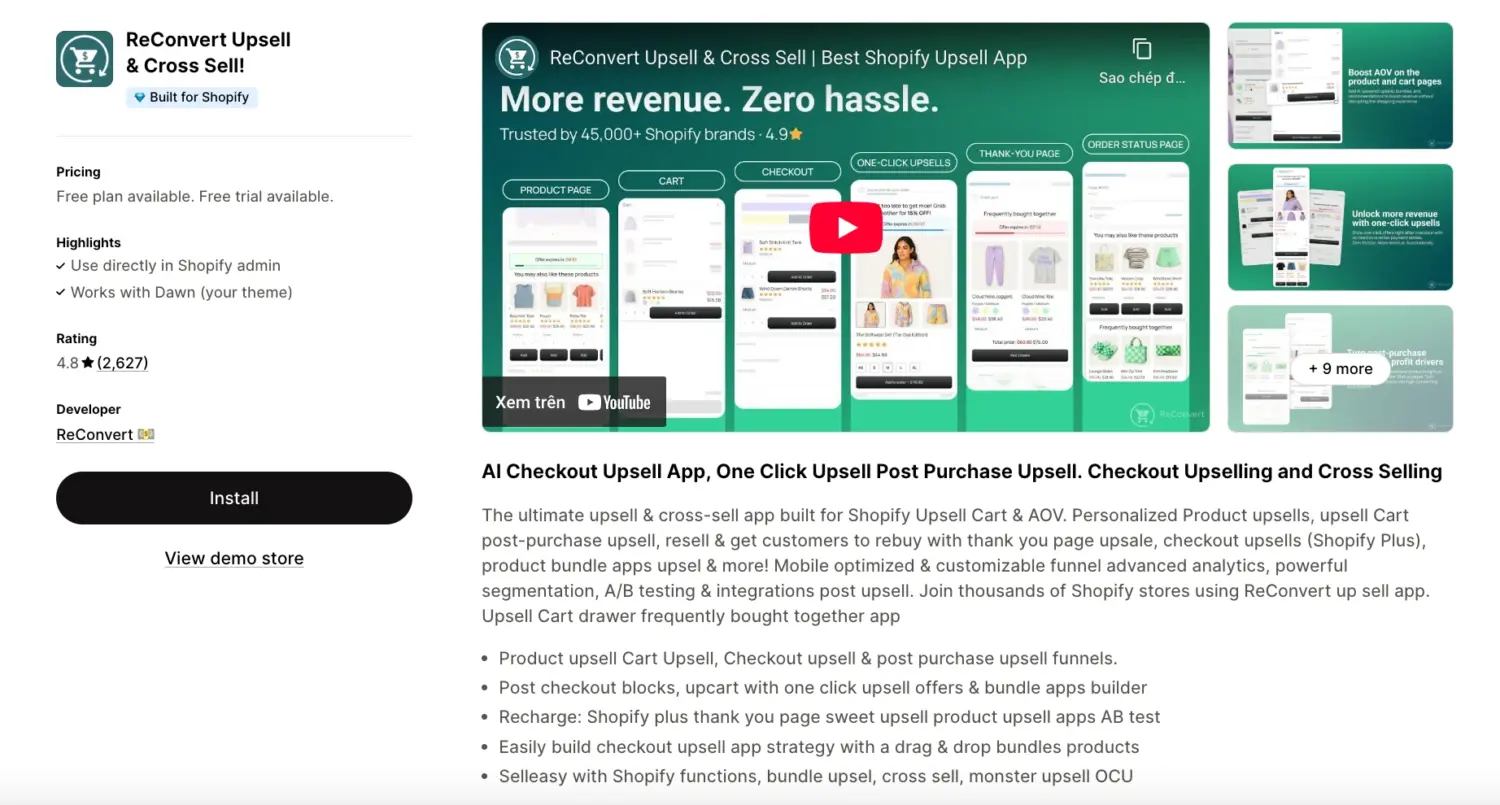 Reconvert App Listing With Checkout And Post Purchase Upsells
