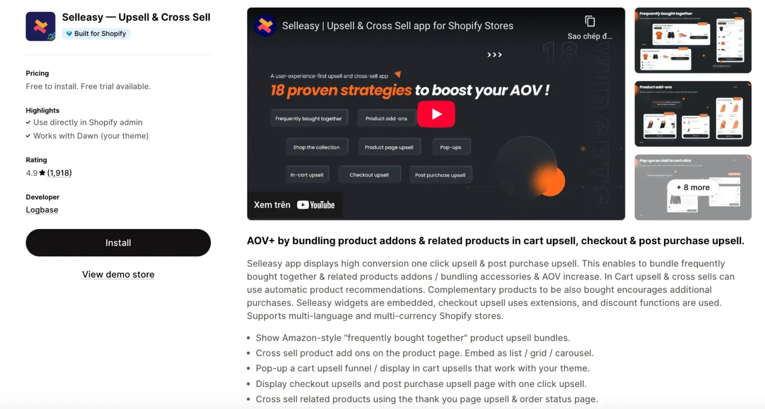 Selleasy App Listing With Widgets For Upsell Funnels