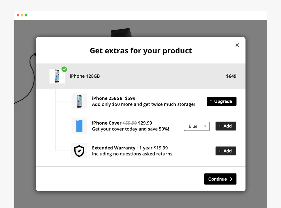 Upsell Popup Offering Storage Upgrade Case And Warranty