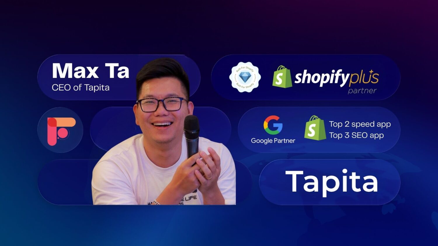 BOGOS expert interview with Max Ta, CEO of Tapita, on SEO-optimized offers to boost offer visibility. The image features his photo alongside Tapita's credentials as a top Shopify SEO app, Shopify Plus Partner, and Google Partner
