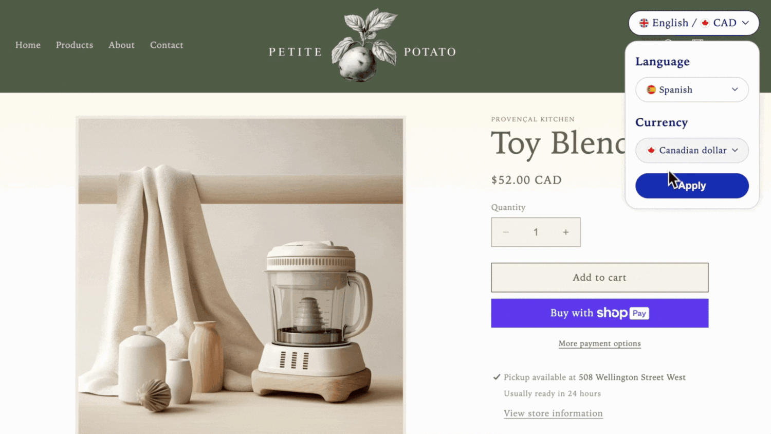 Use the Transcy currency converter tool in use on an e-commerce site, allowing users to select currency and language preferences.