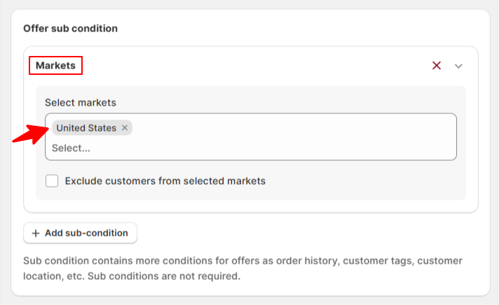 How to tailor offers for specific markets using the 'Market' subcondition in the BOGOS app