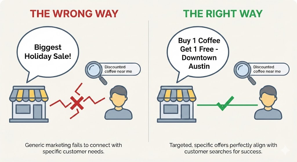 Illustration showing how specific offer keywords like 'BOGO coffee in Austin' connect with customer searches, while generic marketing terms like 'Holiday Sale' do not.