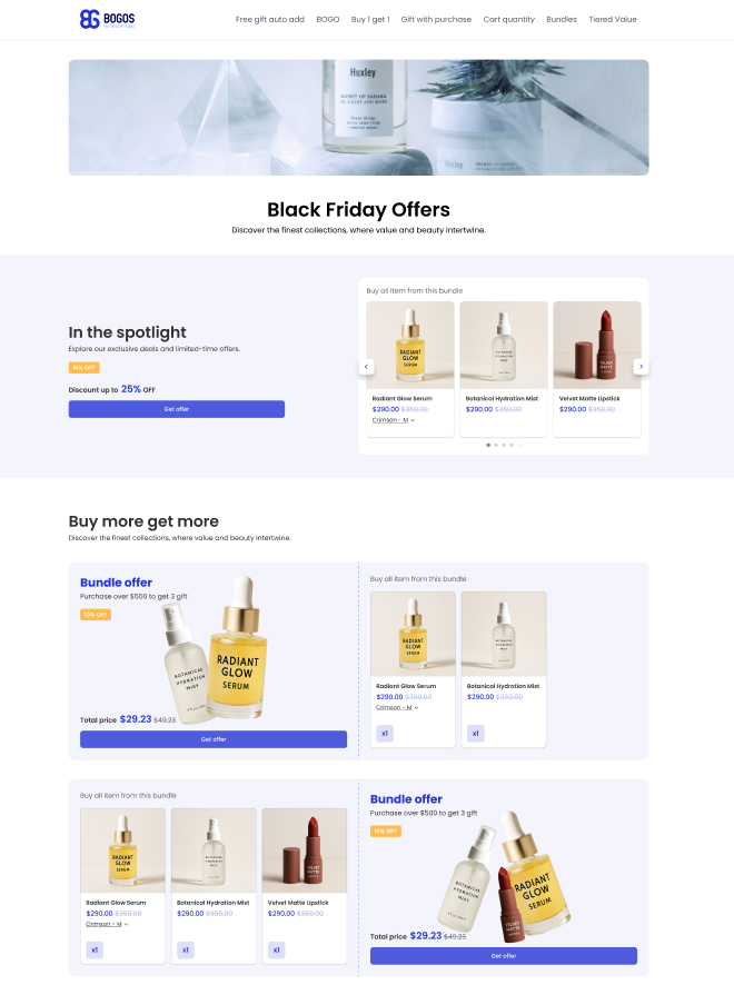 Example of a dedicated offer page created by the BOGOS Shopify app for a Black Friday promotion, showing how merchants can showcase different offfers at one page and improve SEO for that page