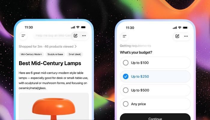 Two smartphone screens showing an ChatGPT's shopping research feature, illustrating the need to prepare promotional content for AI search engines to ensure offer discoverability and recommendations