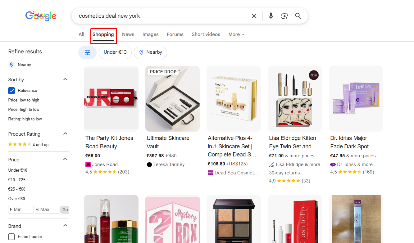 Example of rich results in Google Shopping, where cosmetics promotions are displayed with images and prices to improve an offer's visibility in search.