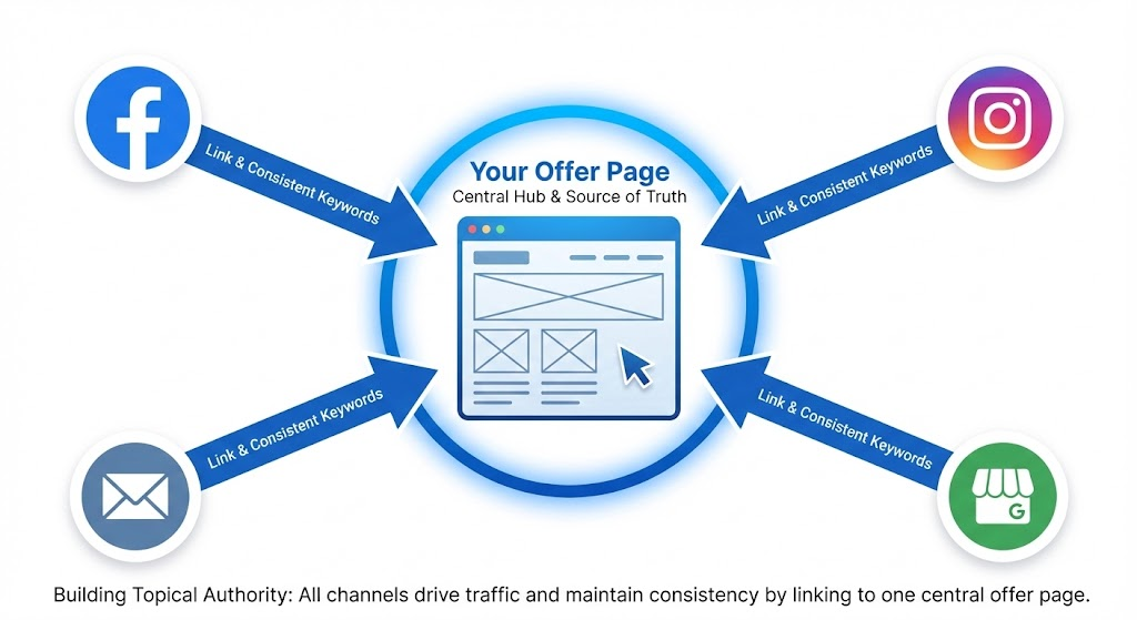 Diagram showing how linking to a central offer page from social media, email, and other channels helps build topical authority and improve offer visibility in search.
