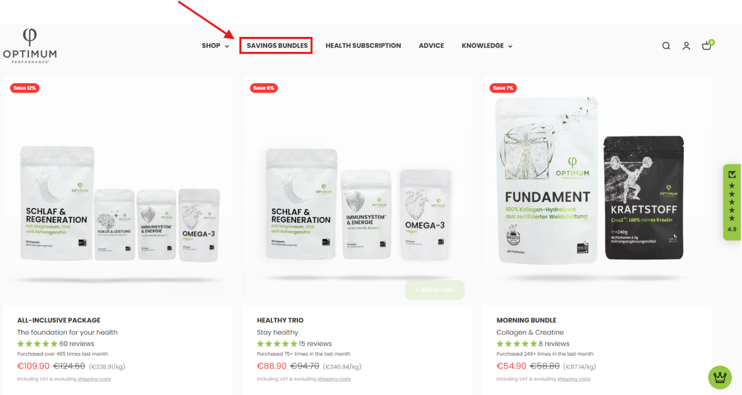 Optimum Performance created bundles titled Saving Bundles and featured them in the menu bar