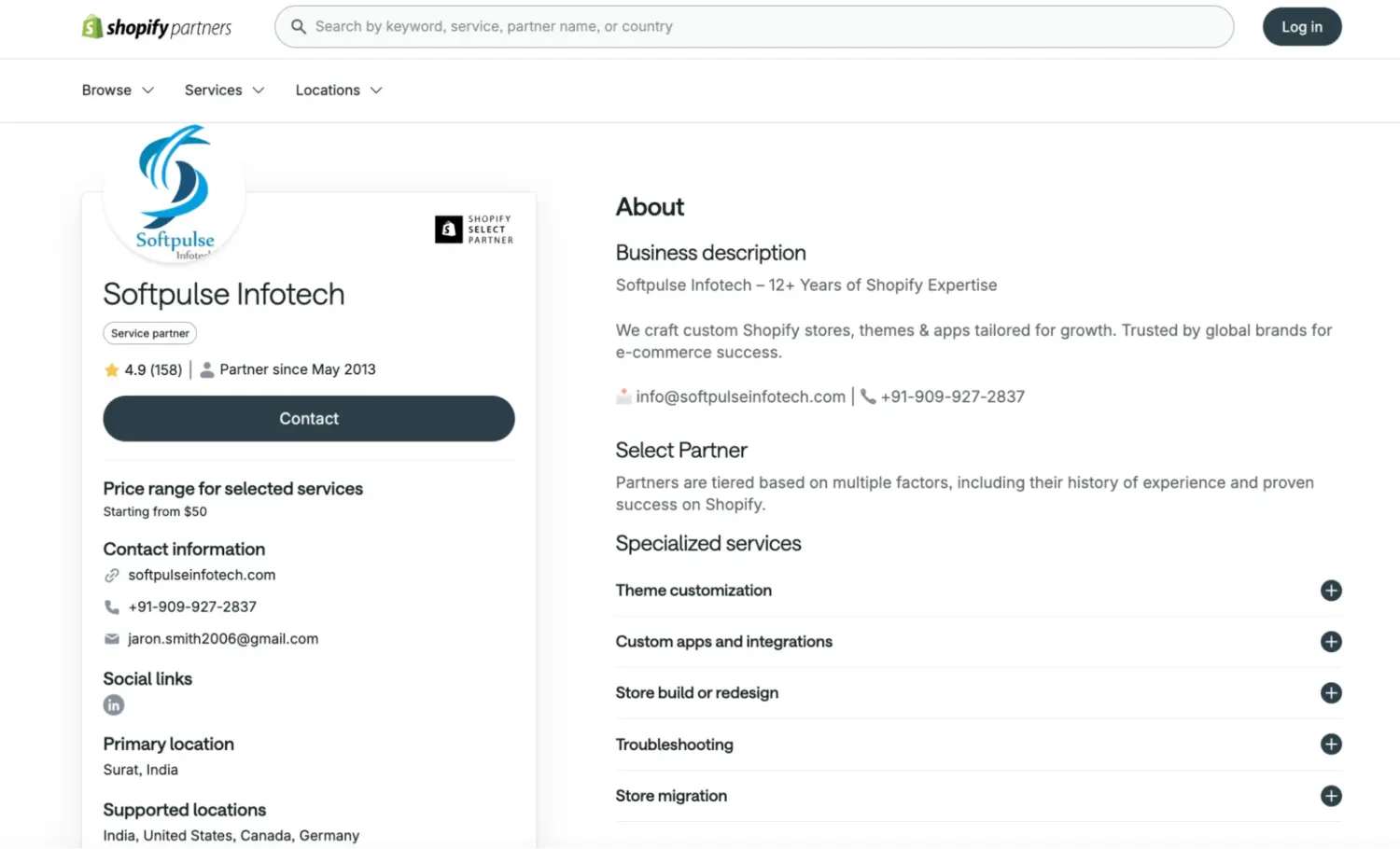 Softpulse Shopify Partners Listing With Rating And Services