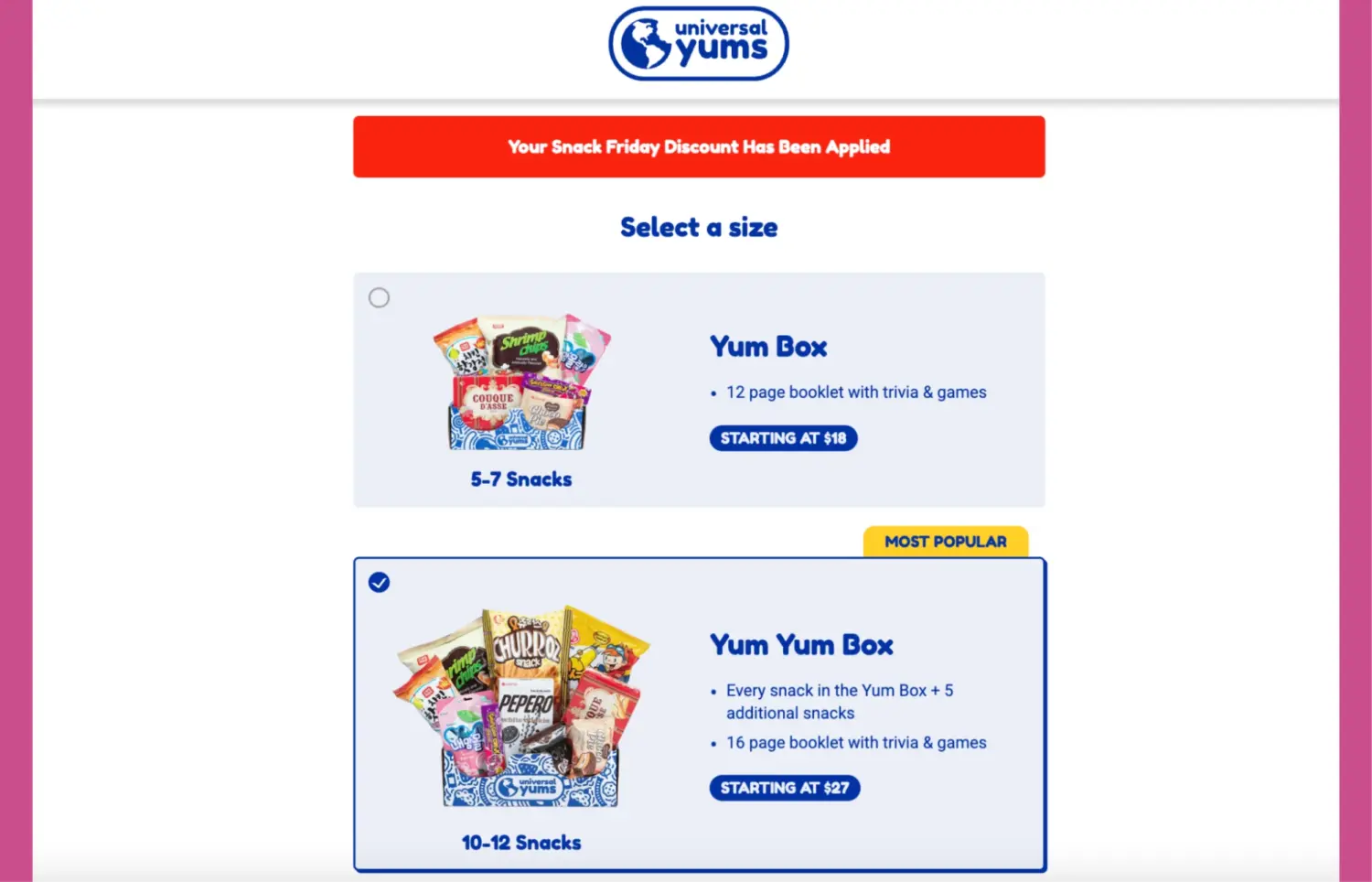Universal Yums Tiered Snack Box Pricing