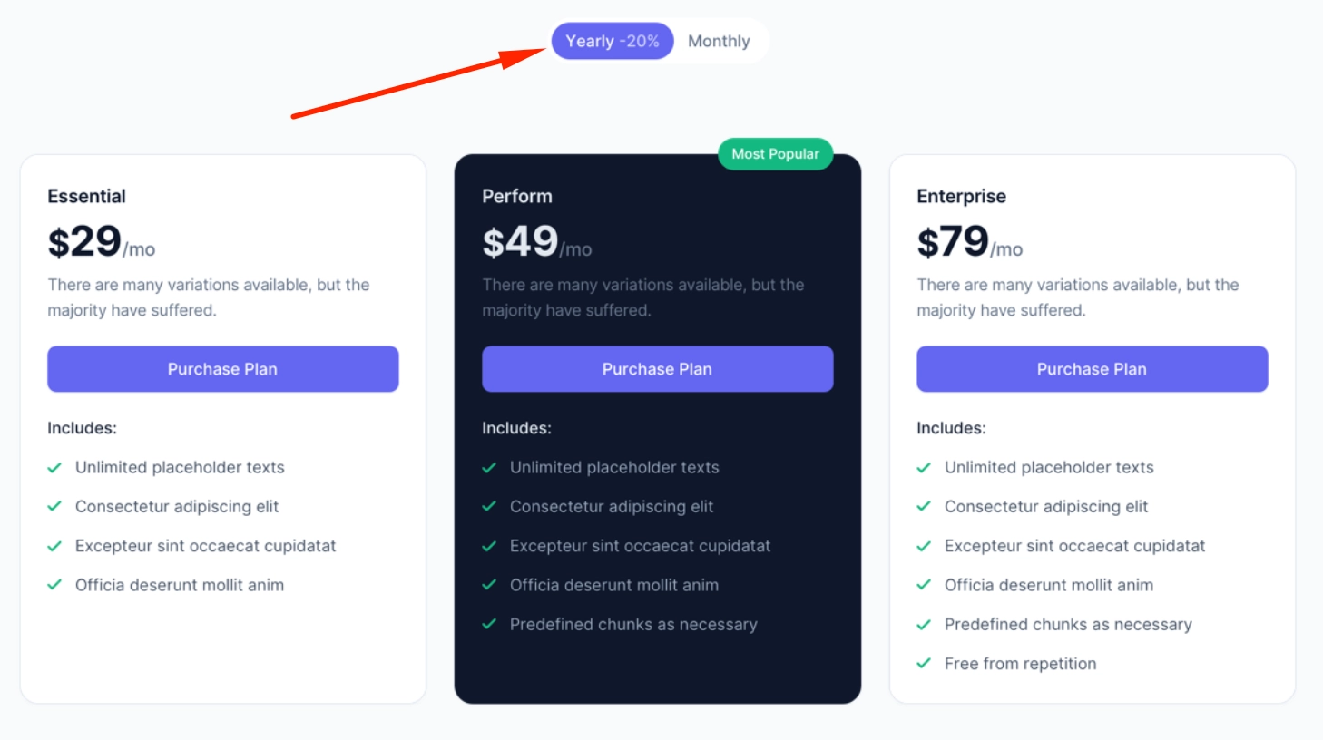 Yearly Discount Toggle Above Pricing Plans