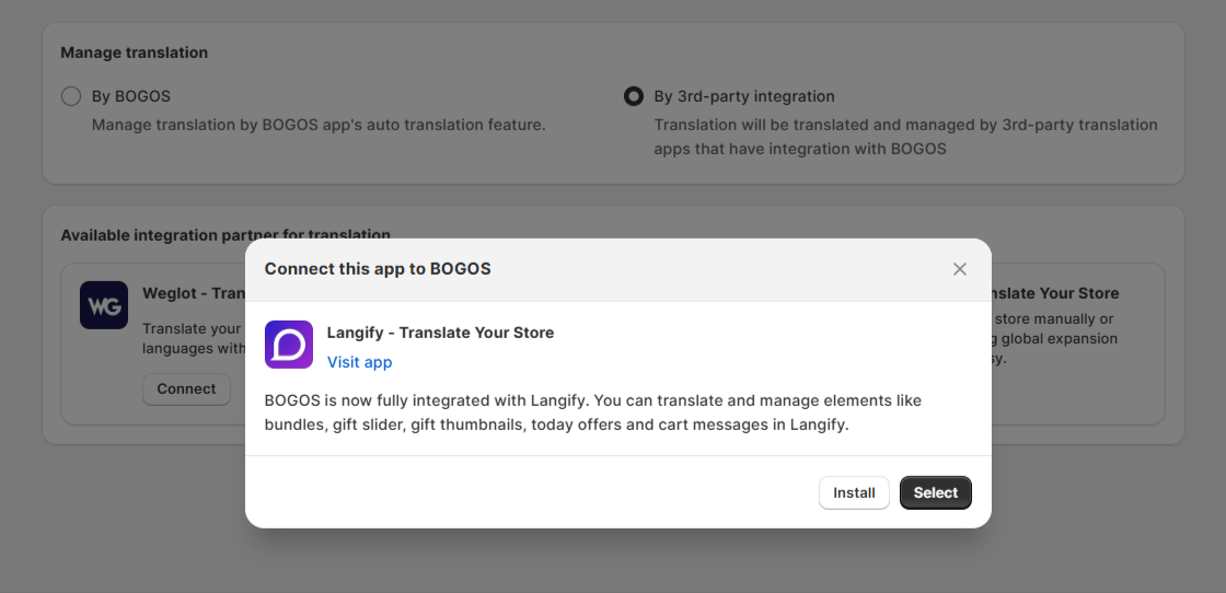Our integration with Langify, the all-in-one translation, currency, & localization Shopify app, is now available to connect within BOGOS, helping you sync and manage translation content better.