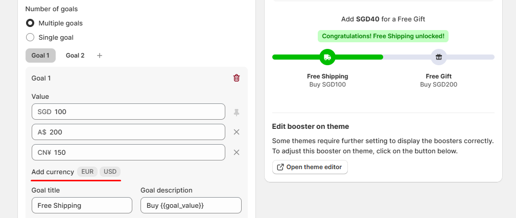 BOGOS Progress Bar widget can now display custom cart values for each market's currency, completing our multicurrency support across all offer types.