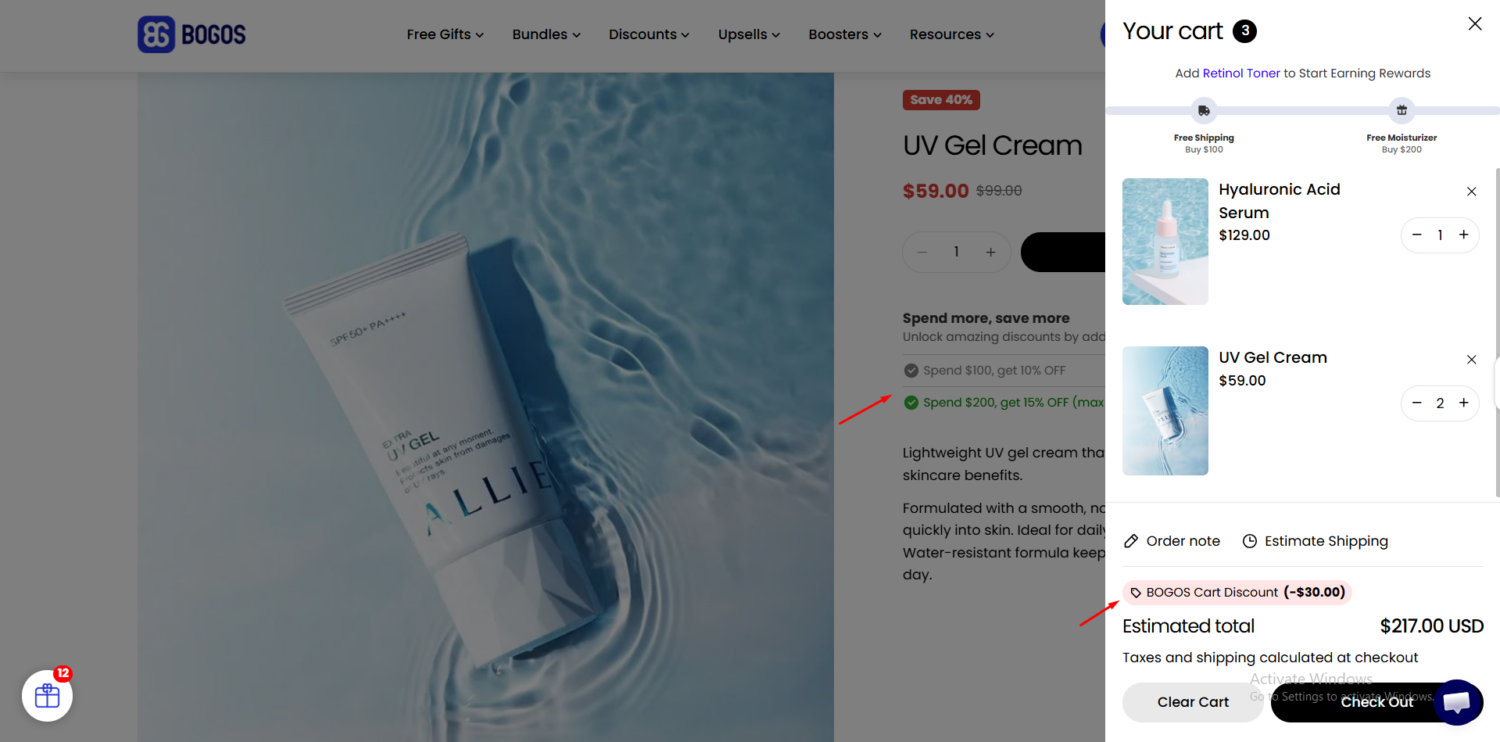 BOGOS cart discount feature for shopify app store, rewarding customers the more they spend or buy with a % or fixed amount off their total car6t