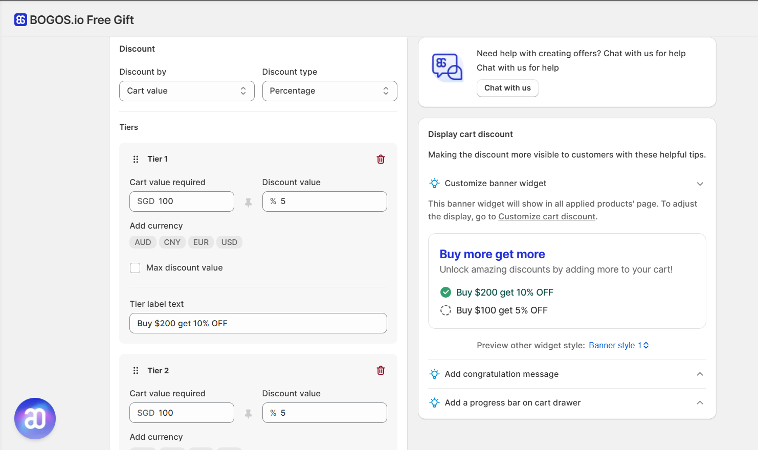 BOGOS Free Gift Bundle Upsell app cart discount setup showing tiered discount configuration by cart value with percentage discount and Shopify Markets currency options