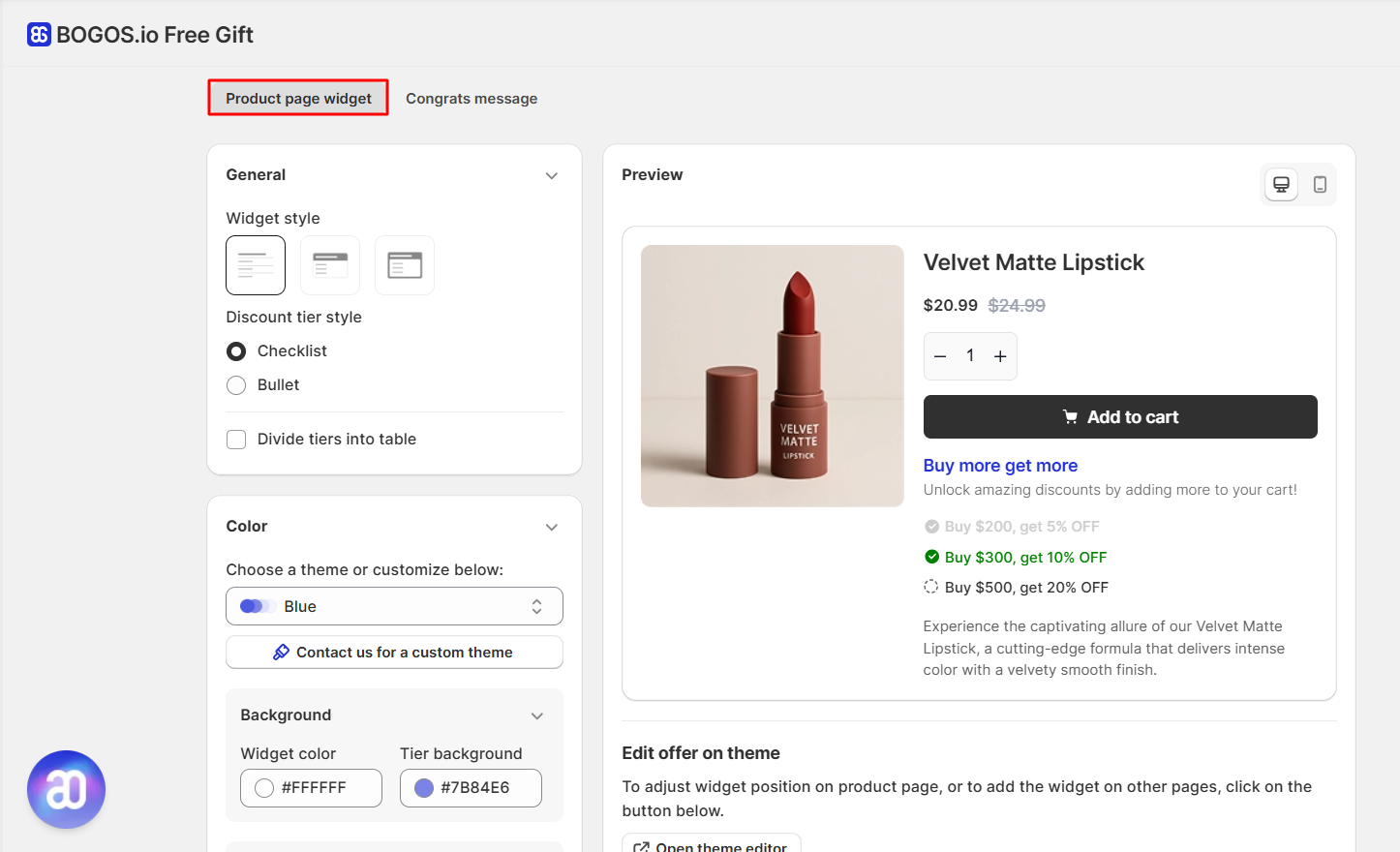 BOGOS Free Gift Bundle Upsell app product page widget customization showing cart discount display, tier styles, and preview on Shopify product page