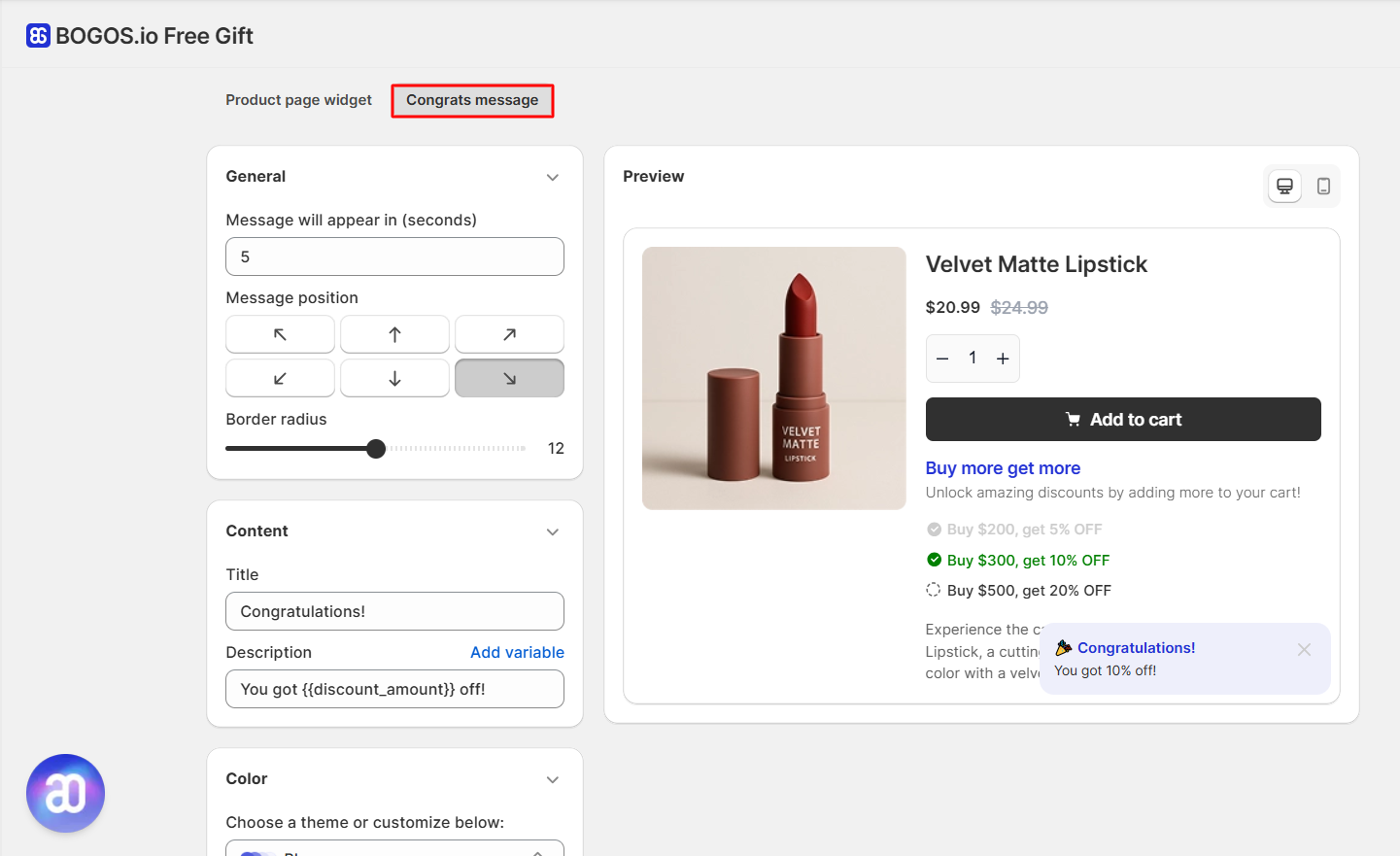 BOGOS Free Gift Bundle Upsell app congratulation message setup for cart discount showing popup timing, position, and dynamic discount message on Shopify