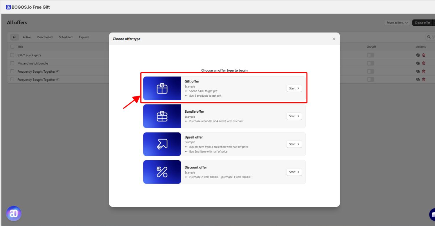 Create gift offer using BOGOS